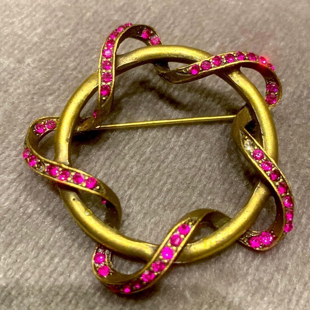 Vintage Twisted Ribbon Brooch with Fuchsia Crystals - Lia Lianna
